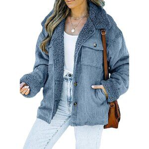 Women's A Sky Blue Jacket Vests Coat Fleece Fur Collar Button Down Winter Warm